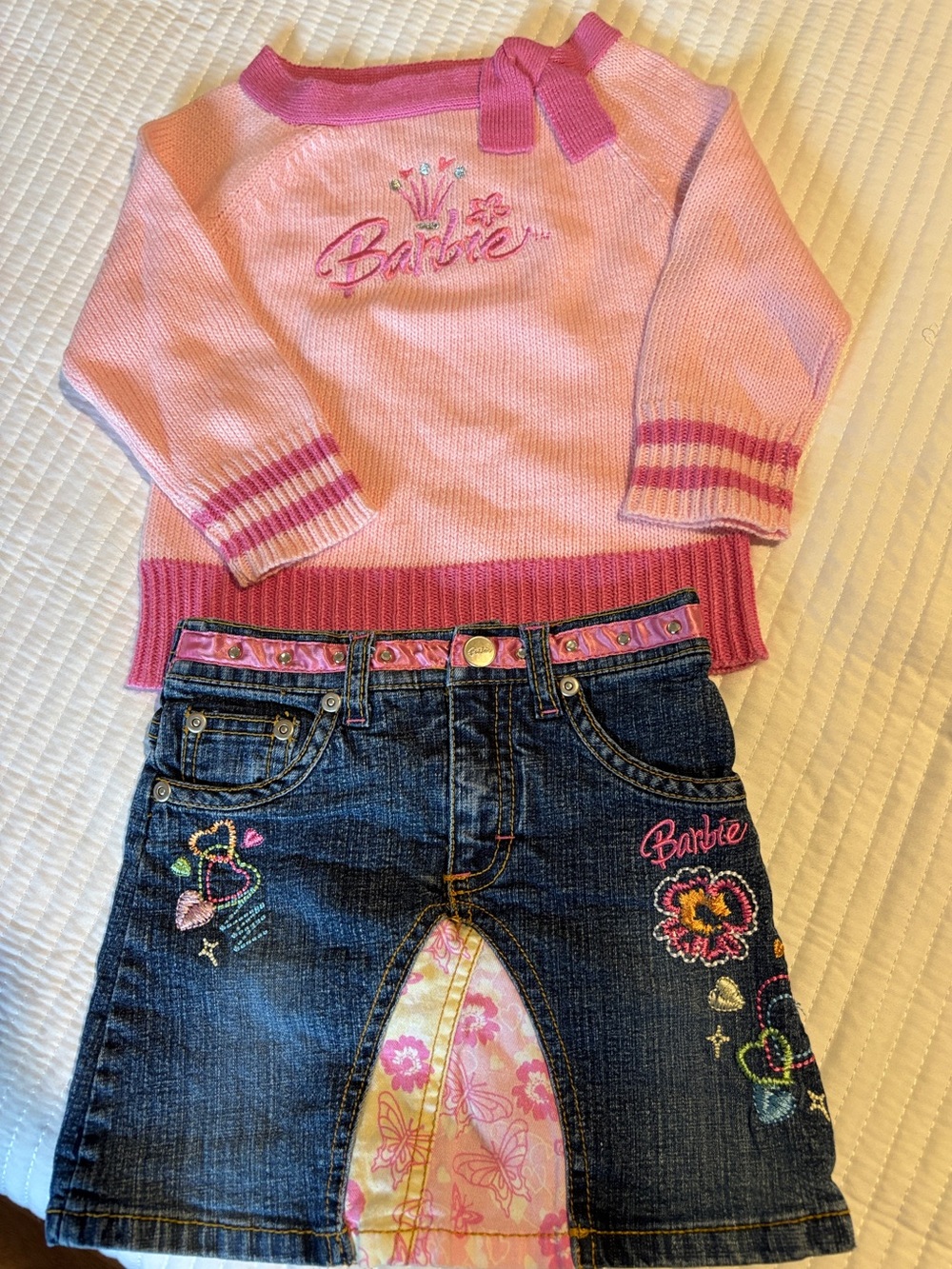 Barbie Pink Sweater and Embroidered Denim Skirt Set Girls Sz 4/4T